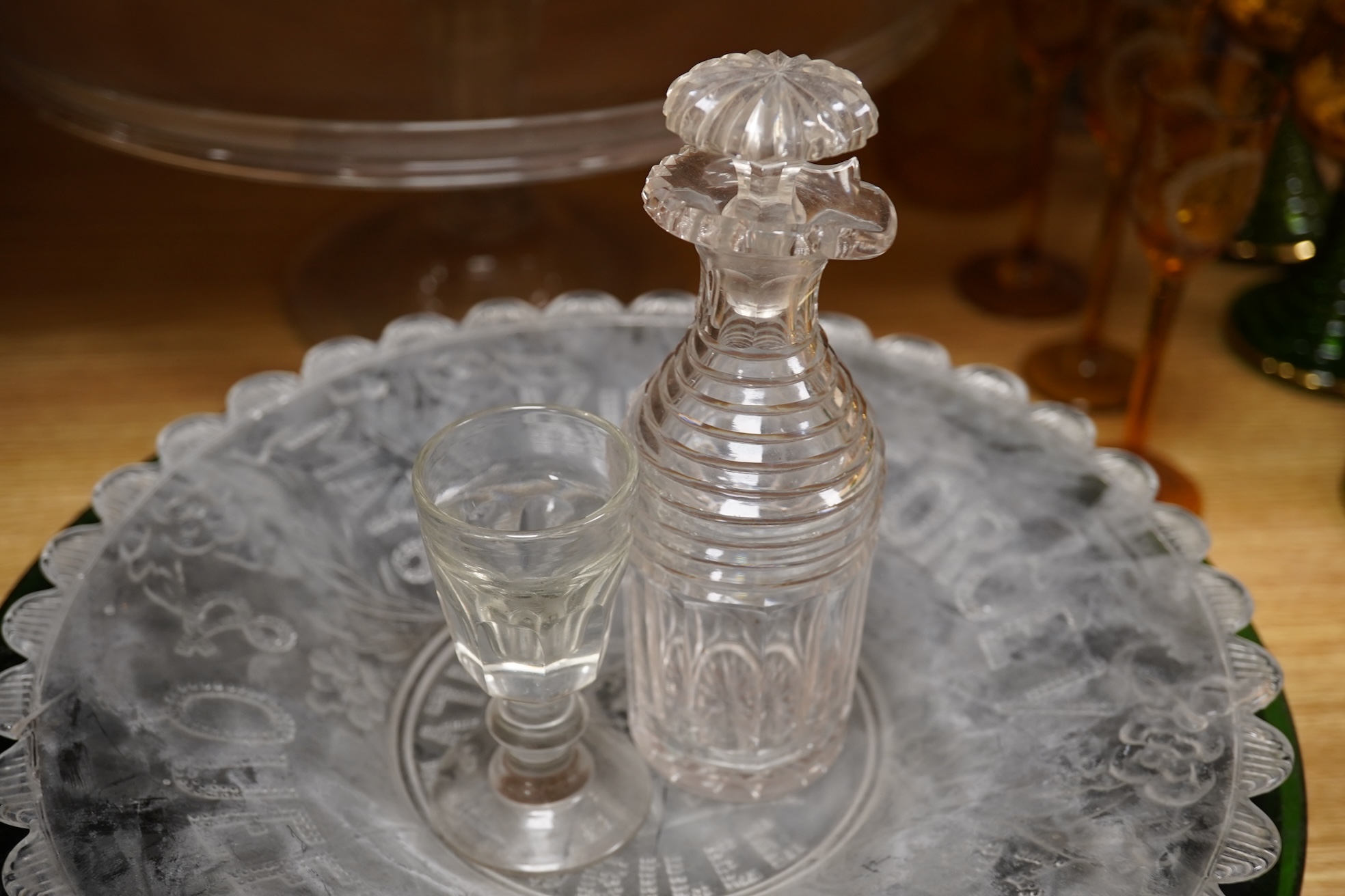 A quantity of 20th century coloured and clear glassware together with a mid 18th century Silesian stem glass tazza, largest 33cm in diameter